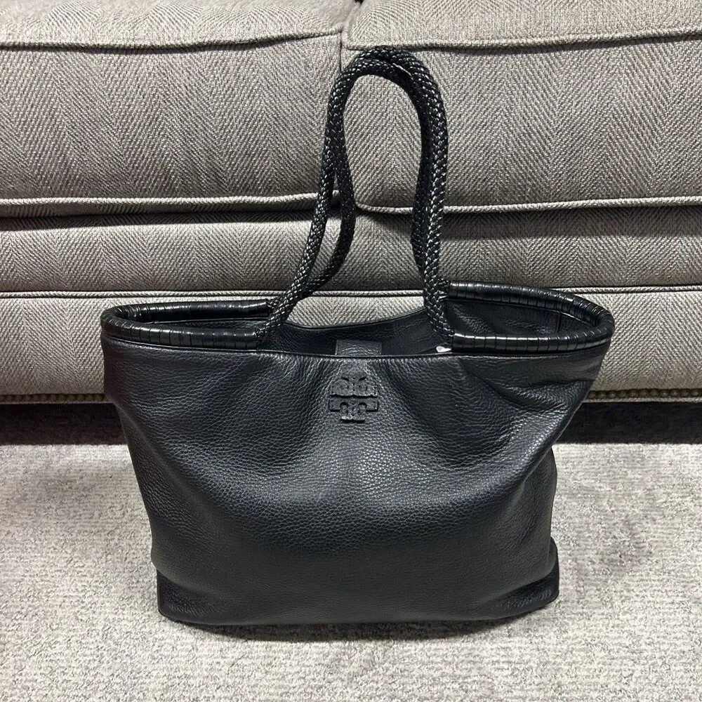 Tory Burch Large Taylor Black Pebbled Leather Tote Shoulder Bag Purse Braided